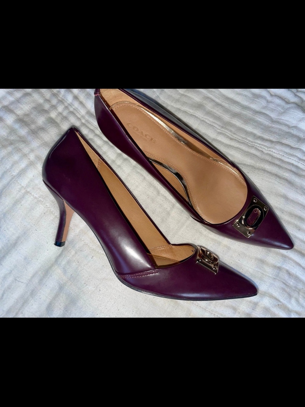 Coach Pointed-Toe Leather Pumps in Burgundy with Gold Plaque US 8 - Picture 3 of 11